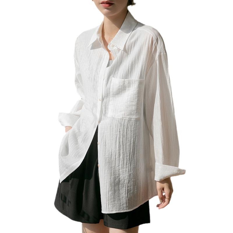 Women's 2025 Summer Tencel Sunscreen Shirt - Loose, Breathable, Solid Color with Slim Long Sleeves and Lapel Design