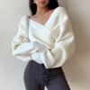 Damski sweter z dzianiny z dekoltem w serek, krzyżowymi detalami, odsłoniętymi ramionami, swobodny top typu pulower, jesień, zima, luźny, seksowny, słodki, elegancki, dzianinowe topy