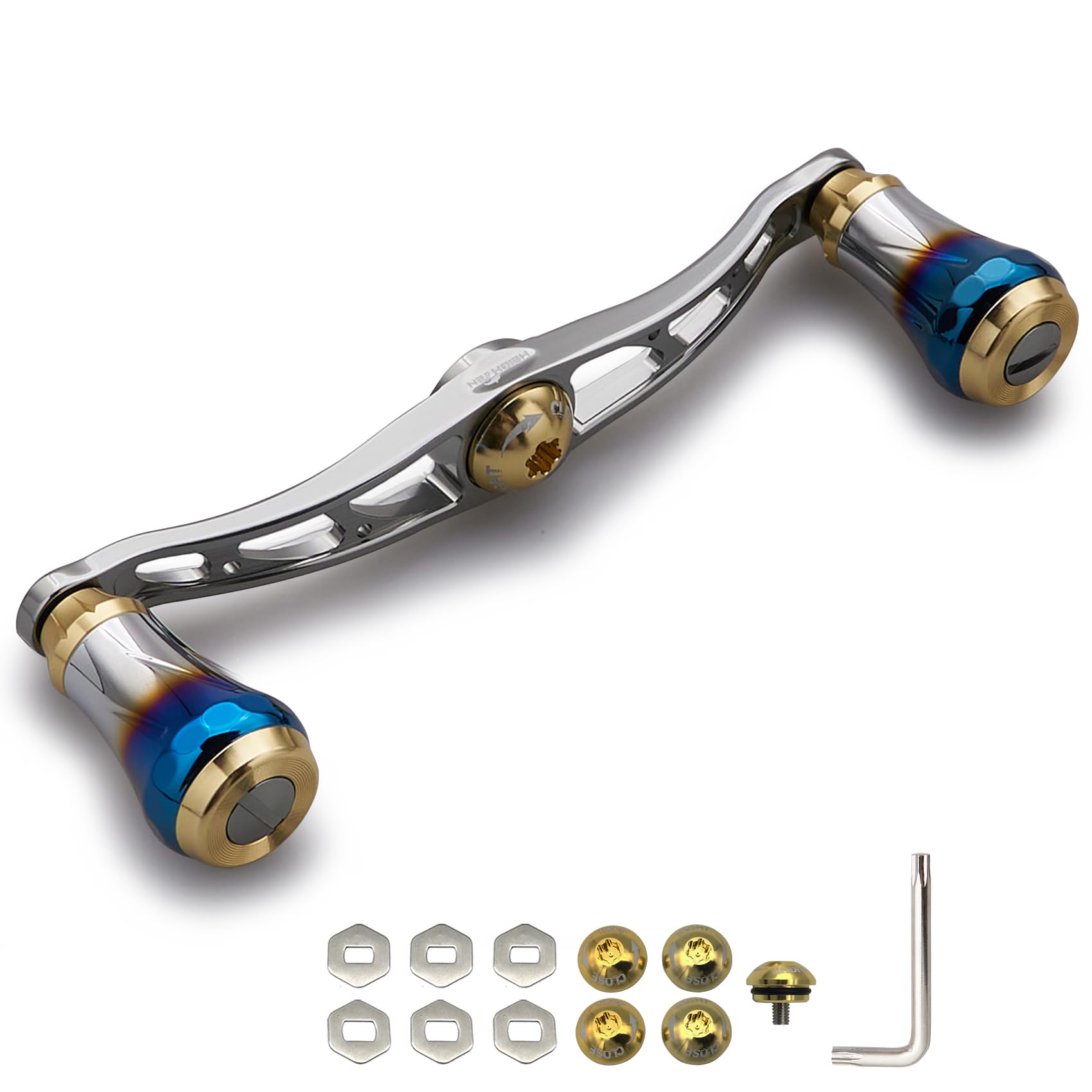 

HEIGHTEN Baitcasting Reel Handle for Abu Aviation Aluminum Aurora Series Gunmetal V2.0 90mm/105mm/115mm Shimano, Daiwa, Garcia, (V2.0-115mm - & Gold)