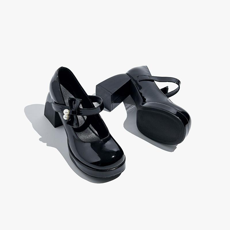 High Heels Women's Wedding Shoes 2025 New Pearl One-word Strap Mary Jane Shoes Thick Heel Round Head Single Shoes French Bridesmaid Shoes