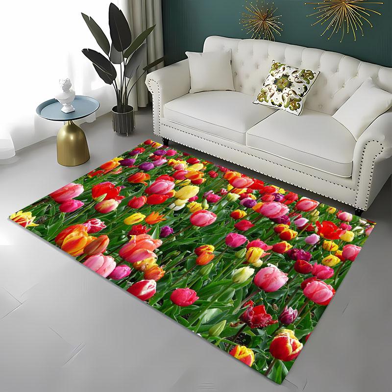 Krásný 3D tištěný koberec s tulipány do obývacího pokoje, ložnice Alfombra Protiskluzový měkký kusový koberec Pohovka Vstupní rohožka Domácí rohožka Dekor Tapete