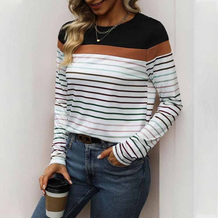 Stripe Summer Long Sleeve Women O Neck Casual Comfortable Fashion Tshirt Top