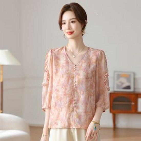 

Elegant Chiffon Seven-Sleeve Spring/Summer Top for Middle-Aged & Elderly Women 5XL рожевий