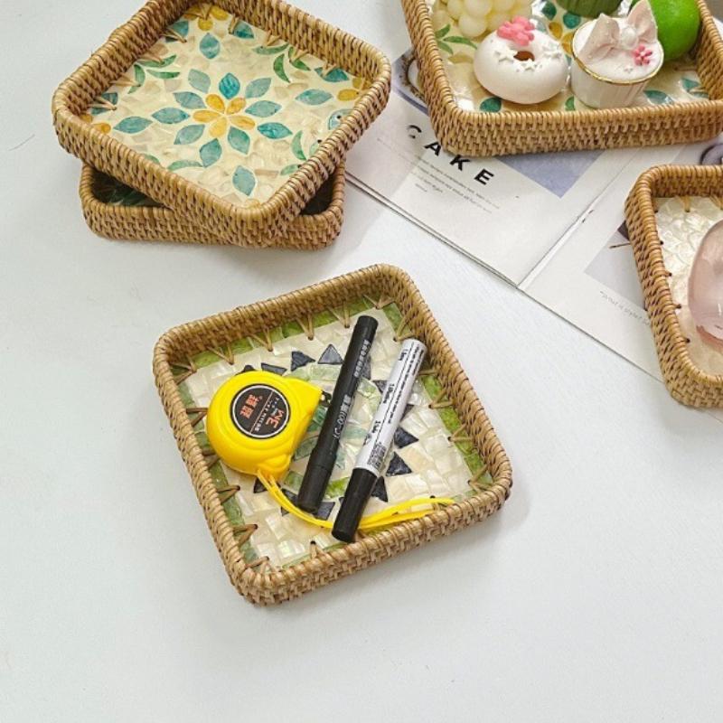 Colorful Shell Rattan Woven Tray Creative Handmade Fruit Plate Jewelry Storage Tray Home Counter Decoration