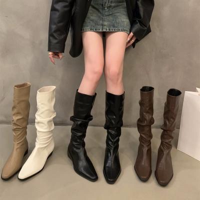 Bottes hautes pour femmes, chaussures d'automne et d'hiver pour femmes, mode féminine, à enfiler, à talons bas, bout rond, plates, longues, Botas