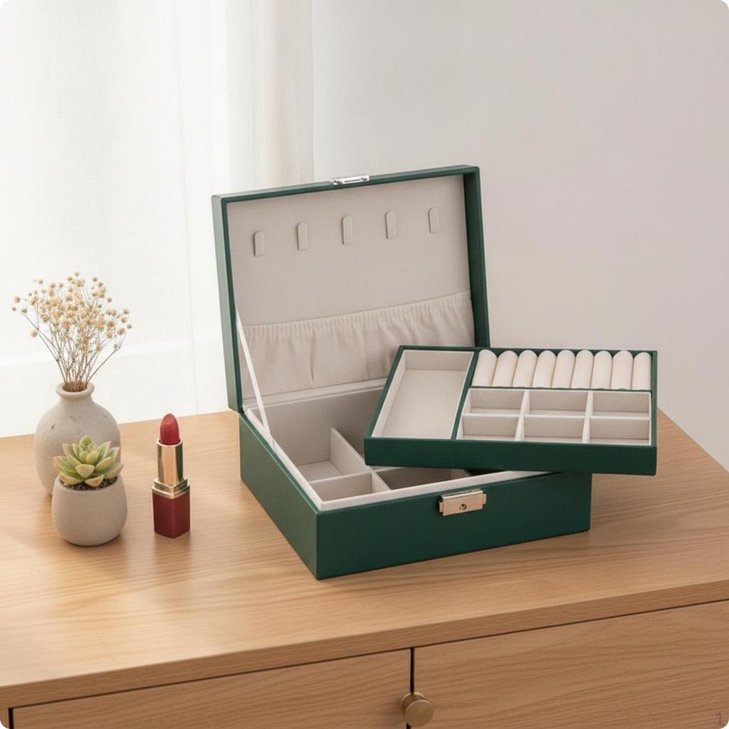 DoubleLayer Jewelry Box LeatherLike with Removable Tray Sturdy Exterior for Women,