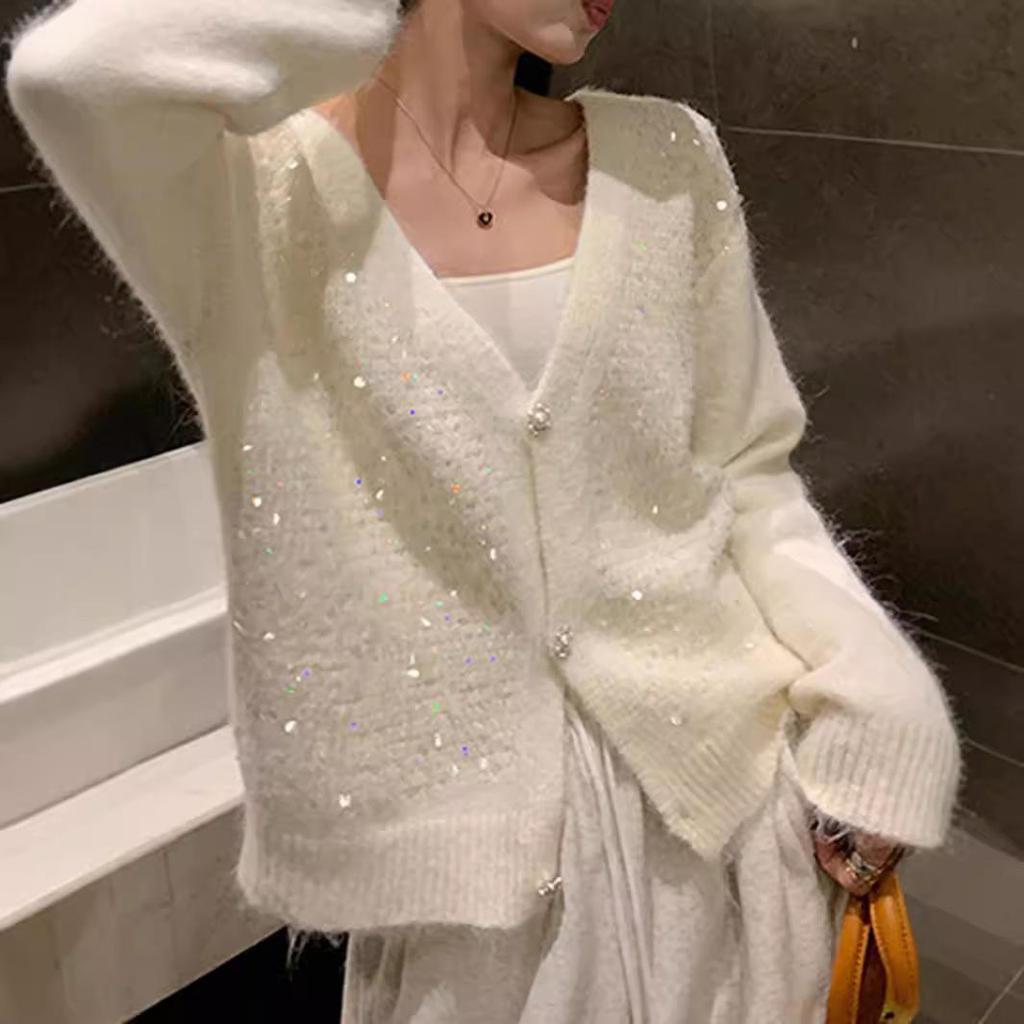 Women's Autumn and Winter V-neck Sequin Knit Cardigan Jumper