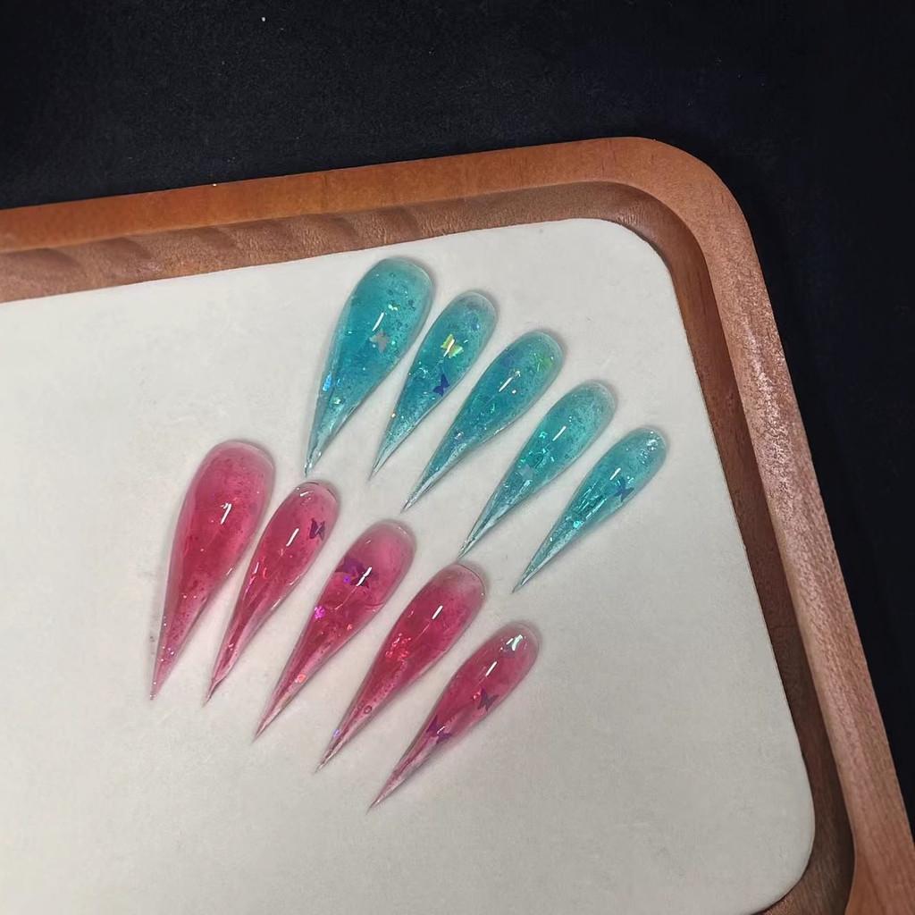 Handmade Press On Nail Dragon Claw Cool Sweet Blue Pink Clear Through Foil Sequins Gradient Eagle Claw Type Fake Nail Patch Artificial Nail Reusable