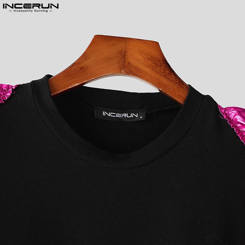 INCERUN Men Round Neck Long Sleeve Shiny Finish Ruffled Patchwork Loose T-shirts