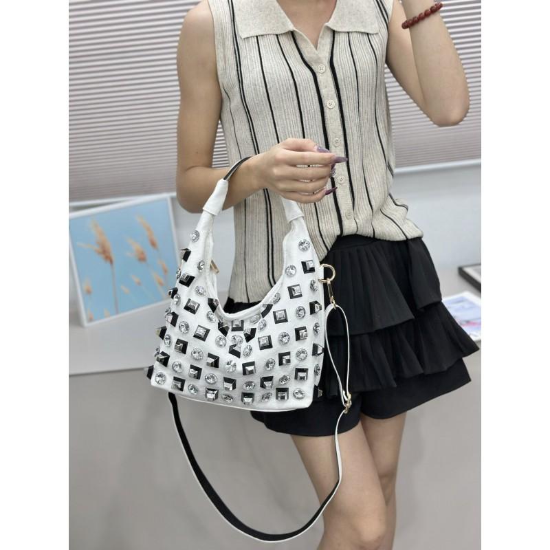 Stylish Rhinestone-Embellished Large Capacity Tote Bag Women Crossbody Commuter Shoulder In White Red Black Gold