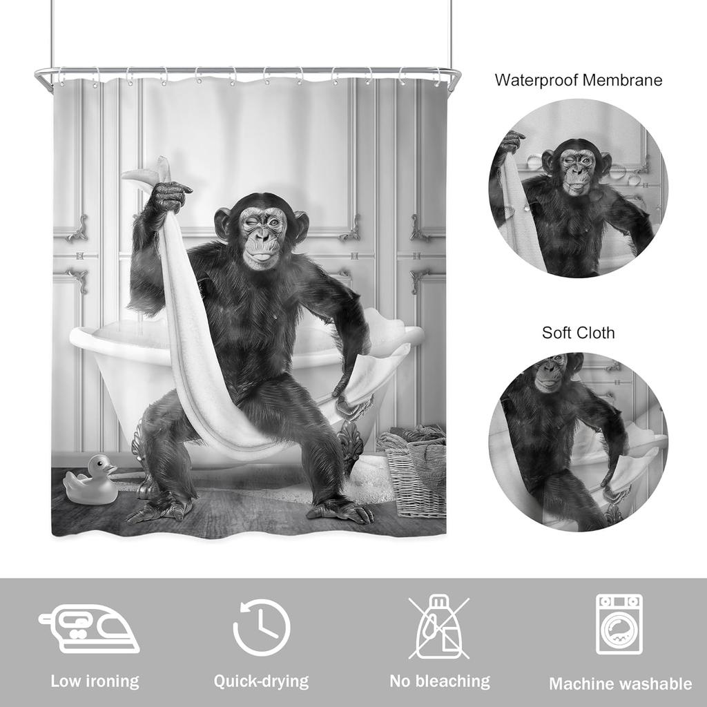 Zabawna zasłona prysznicowa z małpą 60 szer. x 72 dł. cala Szympans Czarno-biały Zwierzę Dzikie zwierzęta Chłopcy Mężczyźni Uroczy Nowoczesny zestaw łazienkowy Zabawny Co