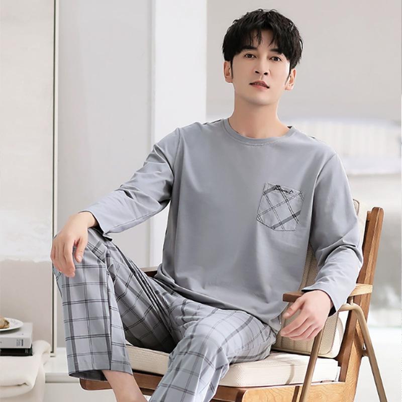 Herren Antibakterieller Langarm Pyjama Set - Rundhals, Lässig, Zweiteilig, für Frühling/Herbst/Winter.