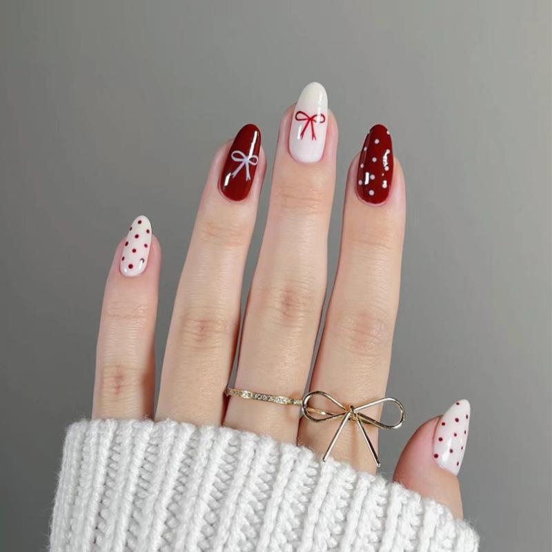 

Red Polka Dot Bowknot Wearable Nail Tips - Spicy Girl Manicure Glue Version