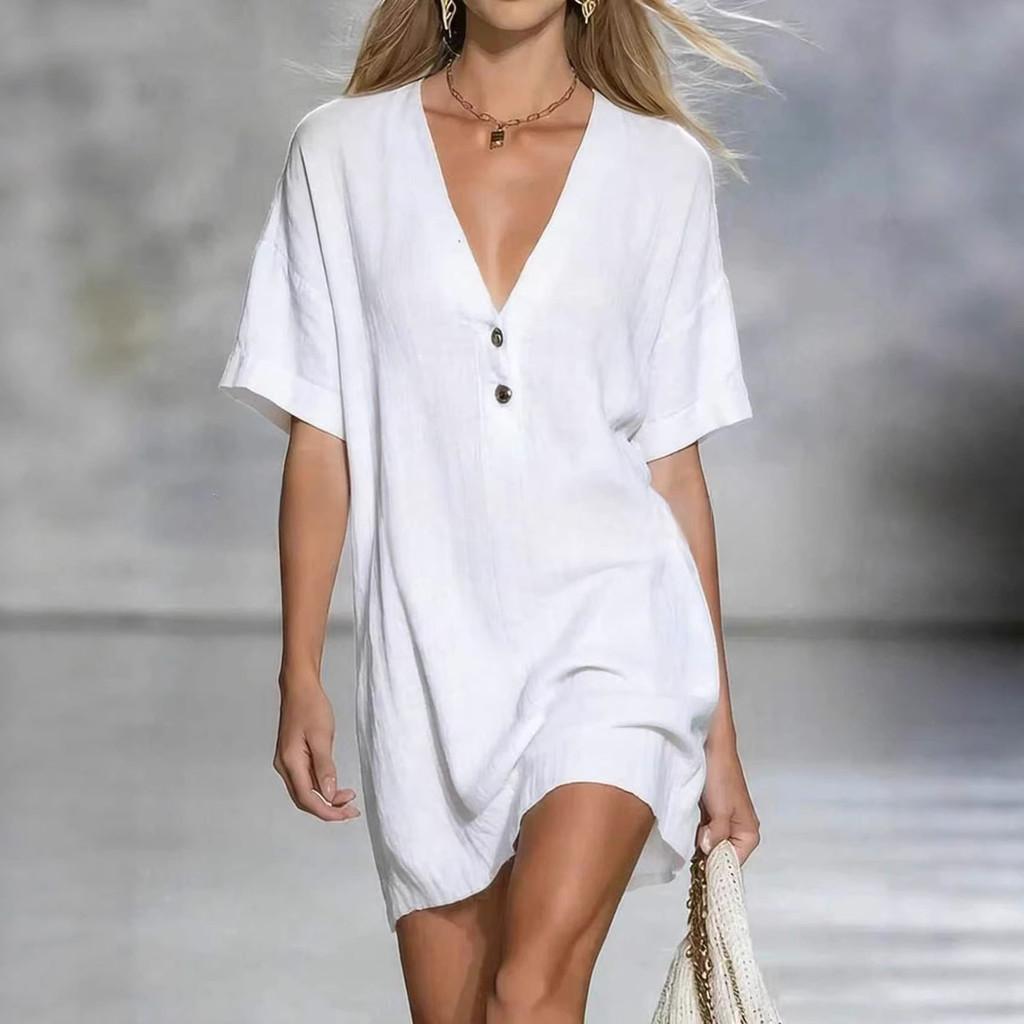 Cotton Linen Summer Dress For Women With Vneck Halfopen Collar Casual Aline Style