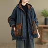 Women's Retro Patchwork Hooded Denim Jacket - Warm Padded Cotton for Winter 2025