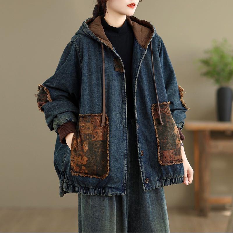 Women's Retro Patchwork Hooded Denim Jacket - Warm Padded Cotton for Winter 2025