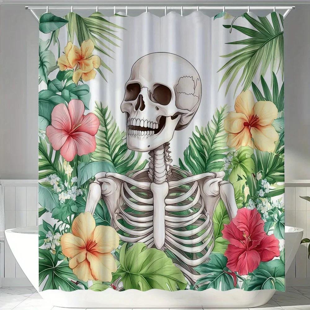 1Pc Skeleton Tropical Print Shower Curtain Bathroom Curtain With 12Pcs Free Hooks, Bathroom Home Decoration 180X200Cm
