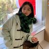 Green Rhombus Plaid Scarf for Women In Winter Japanese Style Versatile Student Thickened Warm Plaid Knitted Short Scarf Trendy