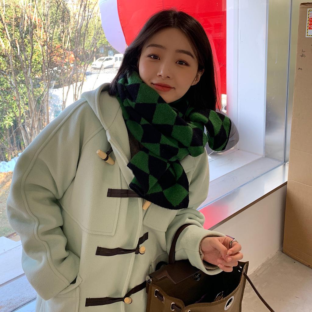 Green Rhombus Plaid Scarf for Women In Winter Japanese Style Versatile Student Thickened Warm Plaid Knitted Short Scarf Trendy