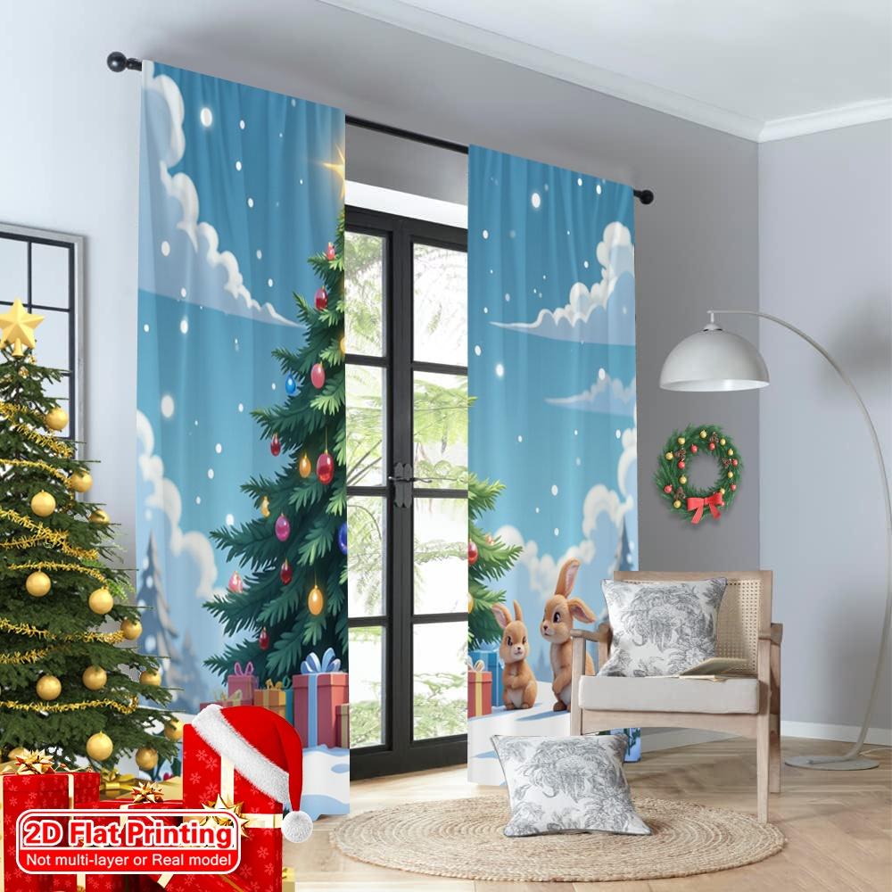 2 Stück 2D Flachdruck Frohe Weihnachten Fenster Vorhänge Niedlicher Hase Weihnachtsbaum Geschenke Stoff Ohne Strom Festliche Vorhänge