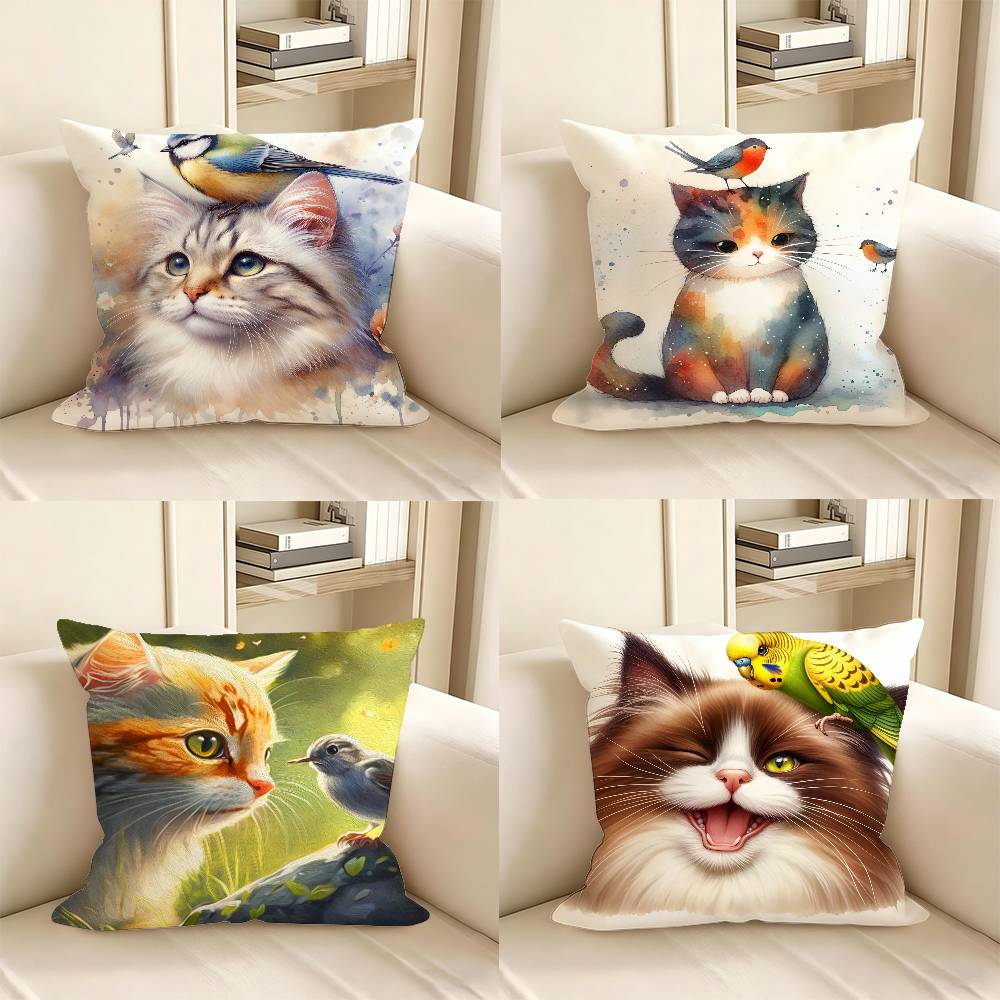 pc Cute Oil Painting Cat Animal Bird Pillow Case Fashion Square Pillowcase Bedroom Sofa Room Ins Decoration Leisure
