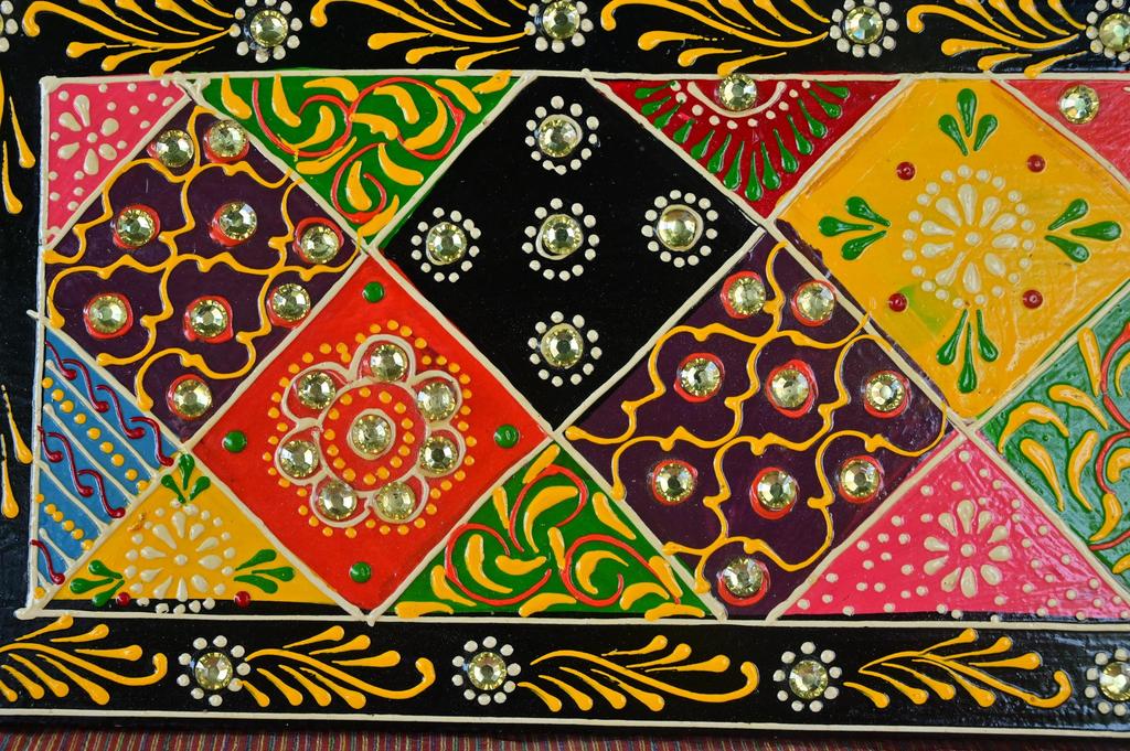 Hand-Painted Indian Folk Art Panel: Boho Wall Decor with Mirror