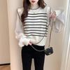 Tangshi Women's Round Neck Striped Faux Two-Piece Pullover Sweater