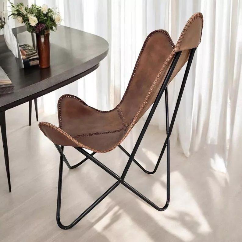 Handmade leather butterfly chair Leather accent chair living room chair