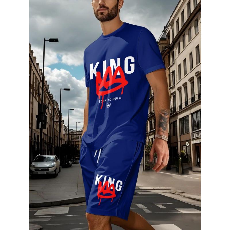2026 New Summer Men's Casual Loose-Fit Set Two-Piece Set with Oversized Letter Print Round-Neck Short-Sleeve Top and Shorts