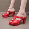 8cm Big Size 32-43 Decent Open Head Bright Leather Slides Pearl Carve Shoes Summer 2025 Block High Heels Slippers Office Model