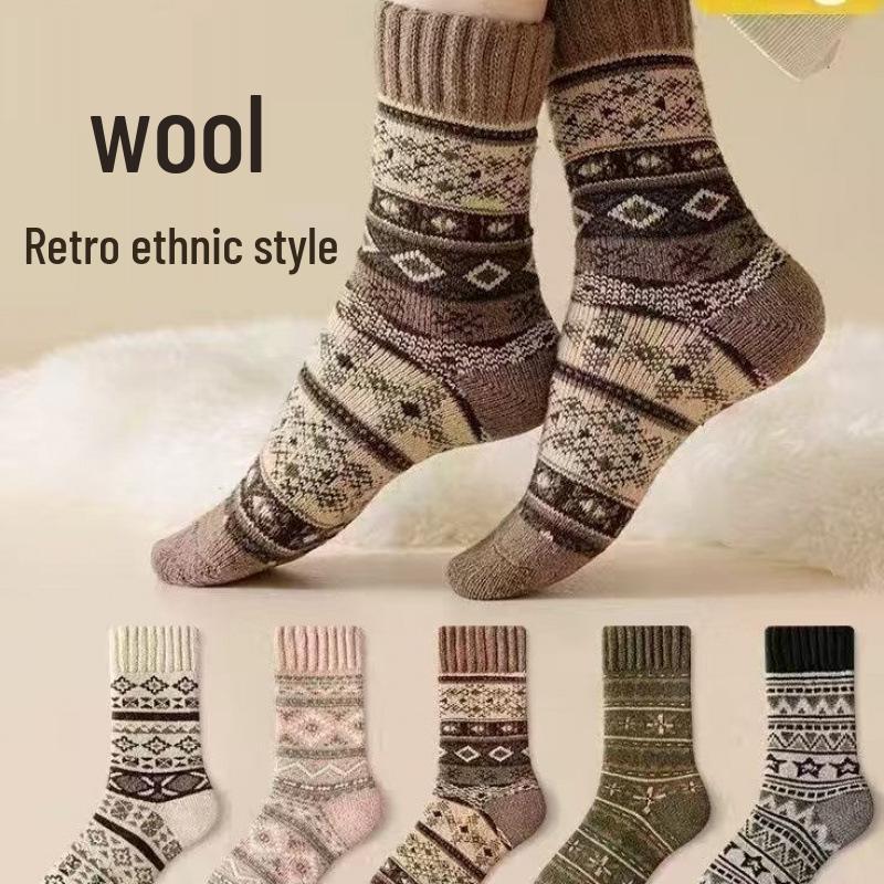 Шерстяные носки в ретро-этническом стиле: Утолщенные махровые носки для мужчин и женщин – Теплые, уютные носки для дома и сна