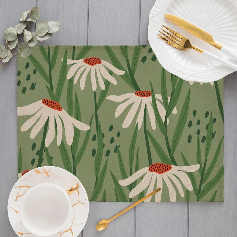 Morandi Floral Sunflower Printing Linen Placemat for Dining Table Drink Coaster Home Decoration Modern Kitchen Cup Pads