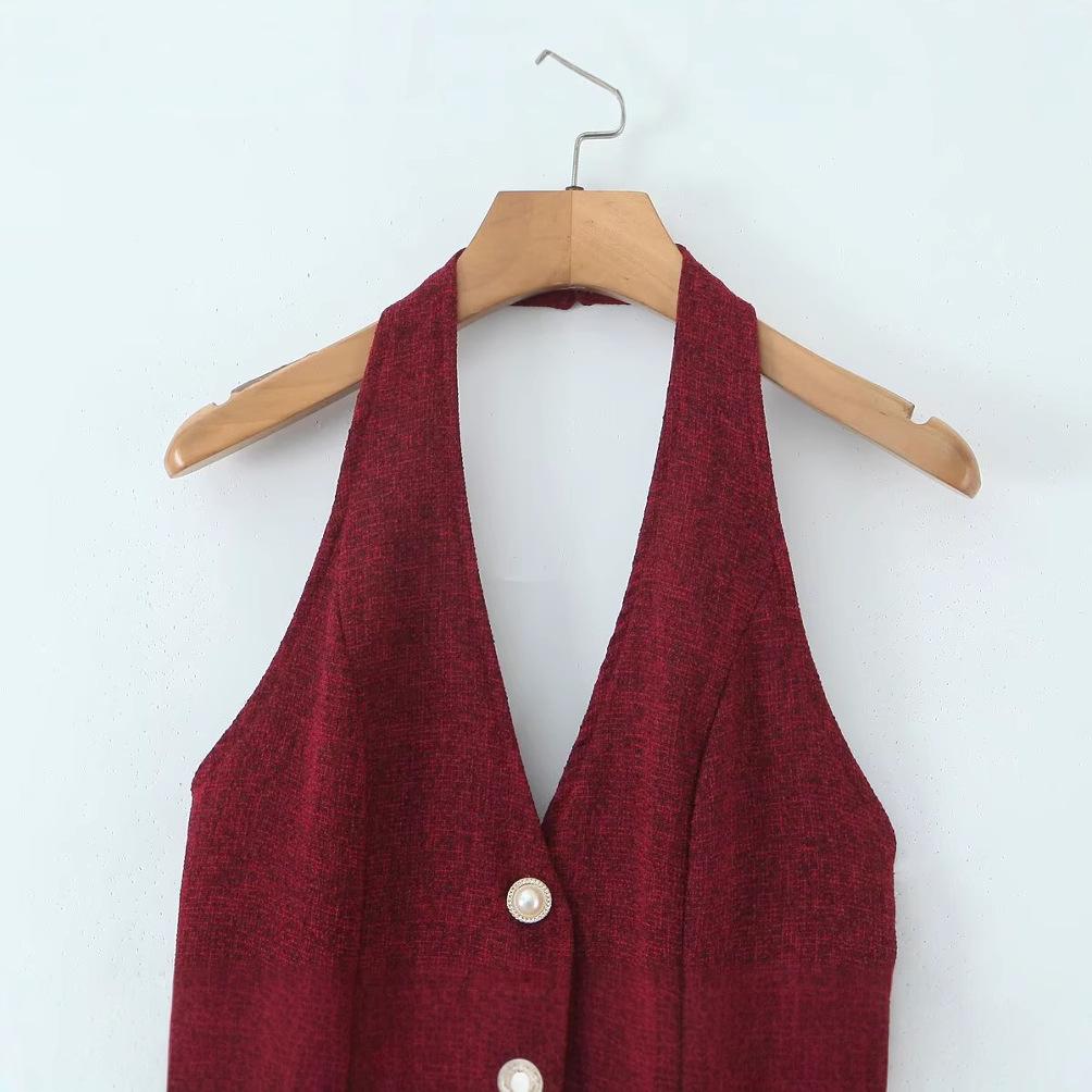 2025 Spring Women's European & American Fashion Knit Button-Accent Backless Dress