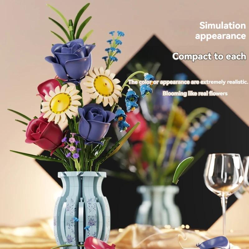 Non-Toxic Creative Puzzle Bricks Assembled Autumn Rose Flower Vase Building Block Set Children Collection Toy Children & Children 787 Pcs