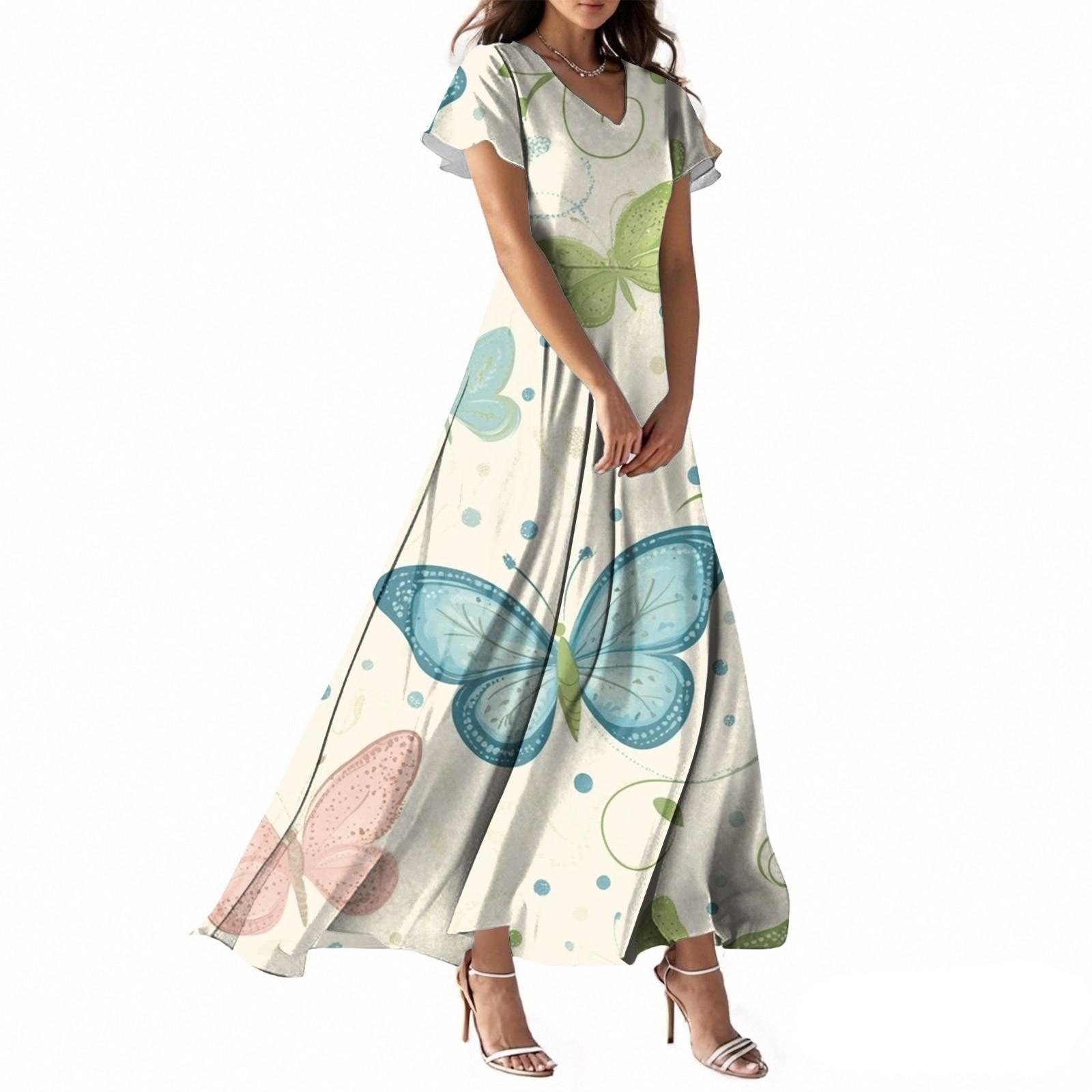 Women s Summer Casual Fashion Butterfly Print Dress V Neck Short Sleeve Dress L бежевый