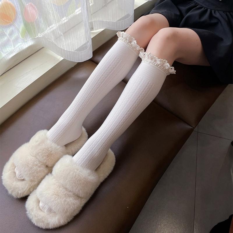 Women Winter Fall Vertical Striped Ribbed Knit Long Socks Japanese JK Sweet Frilly Ruffle Lace Trim Knee High Stockings