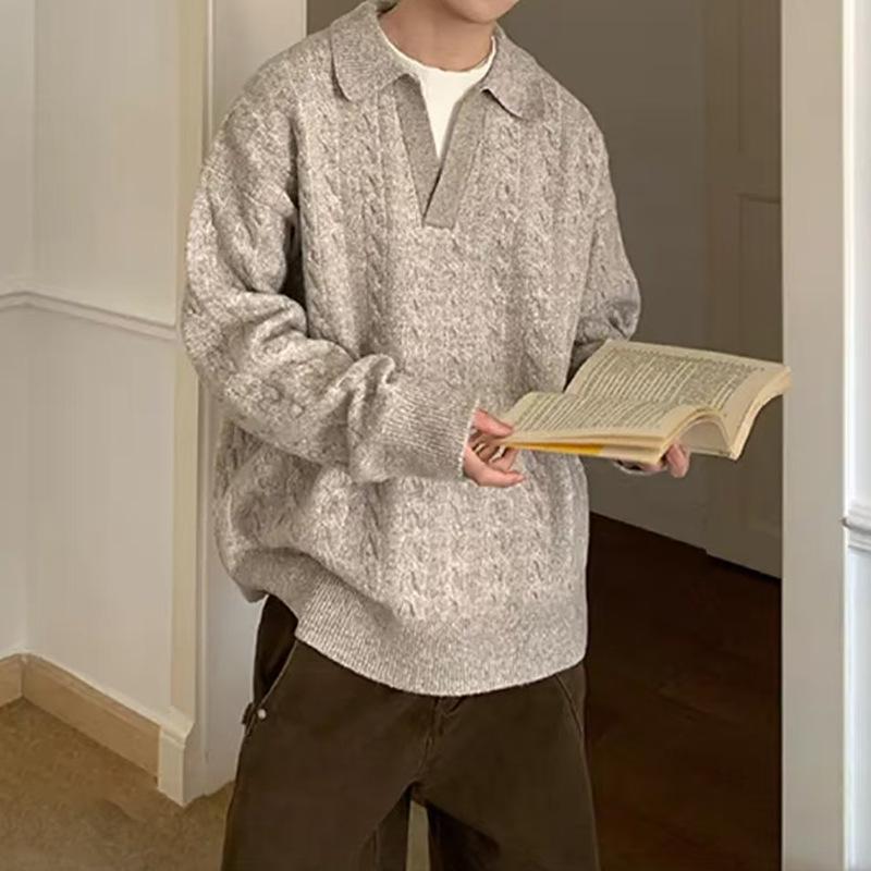 Men's Gray Two-Piece Pilling-Resistant V-Neck Sweater – Korean Style Winter Knitwear