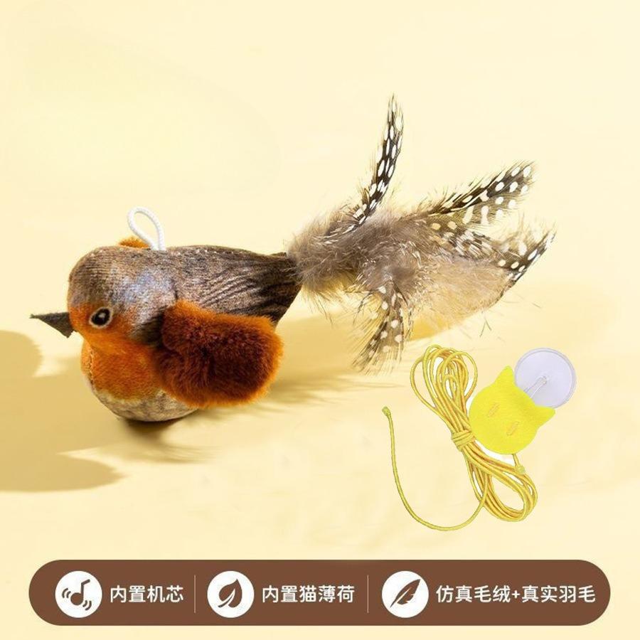 

1pc Interactive Cat Toy with Chirping Sound & Feather Wand - Soft Polyester and Feather Wand, Realistic Bird-like Movement