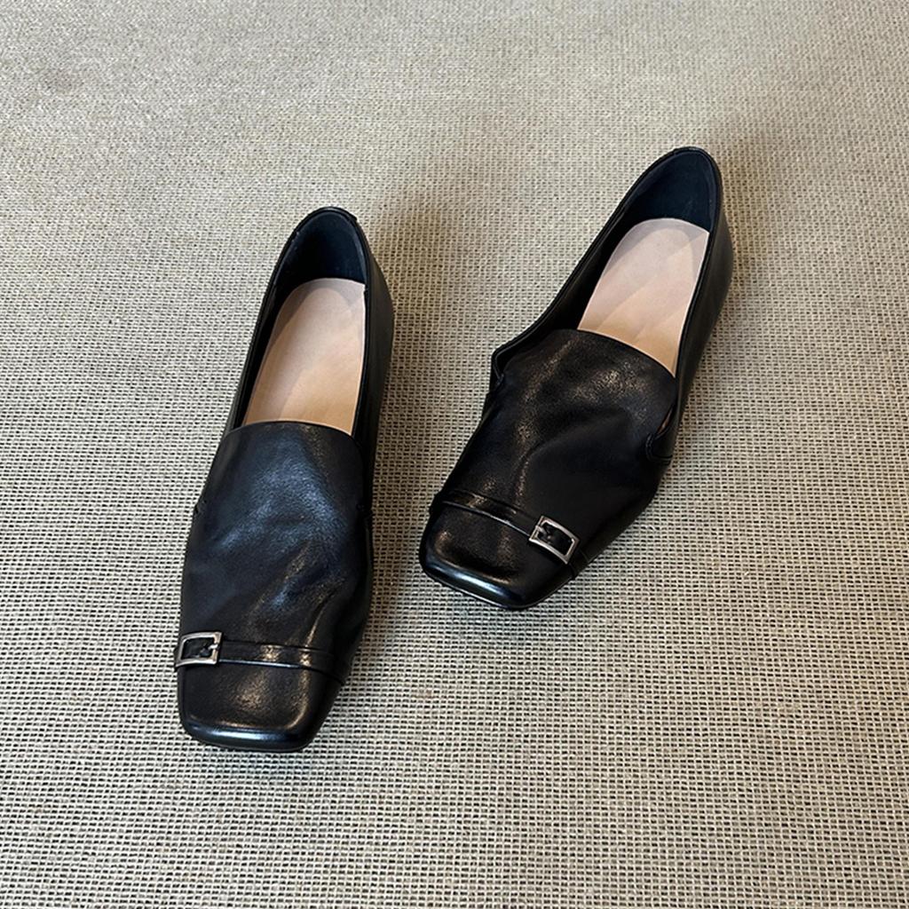 Sheepskin Version~ Retro British Style Leather Square Head One-pedal Loafers Women's Design Sense Niche Flat-bottomed Small Leather Shoes