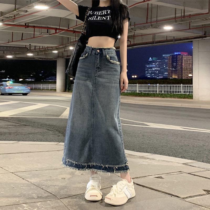 Women's Retro High-Waist Denim Skirt - Summer A-Line, Hip-Hugging, Meat-Covering Design