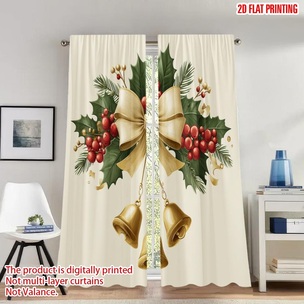 

Set Of 2 Classic Flat Printing Christmas Hot Curtains Holly Bells Garland Digital Printed Polyester Drapes Family Party Curtain W100*H70(CM)-Hooks&1PCS