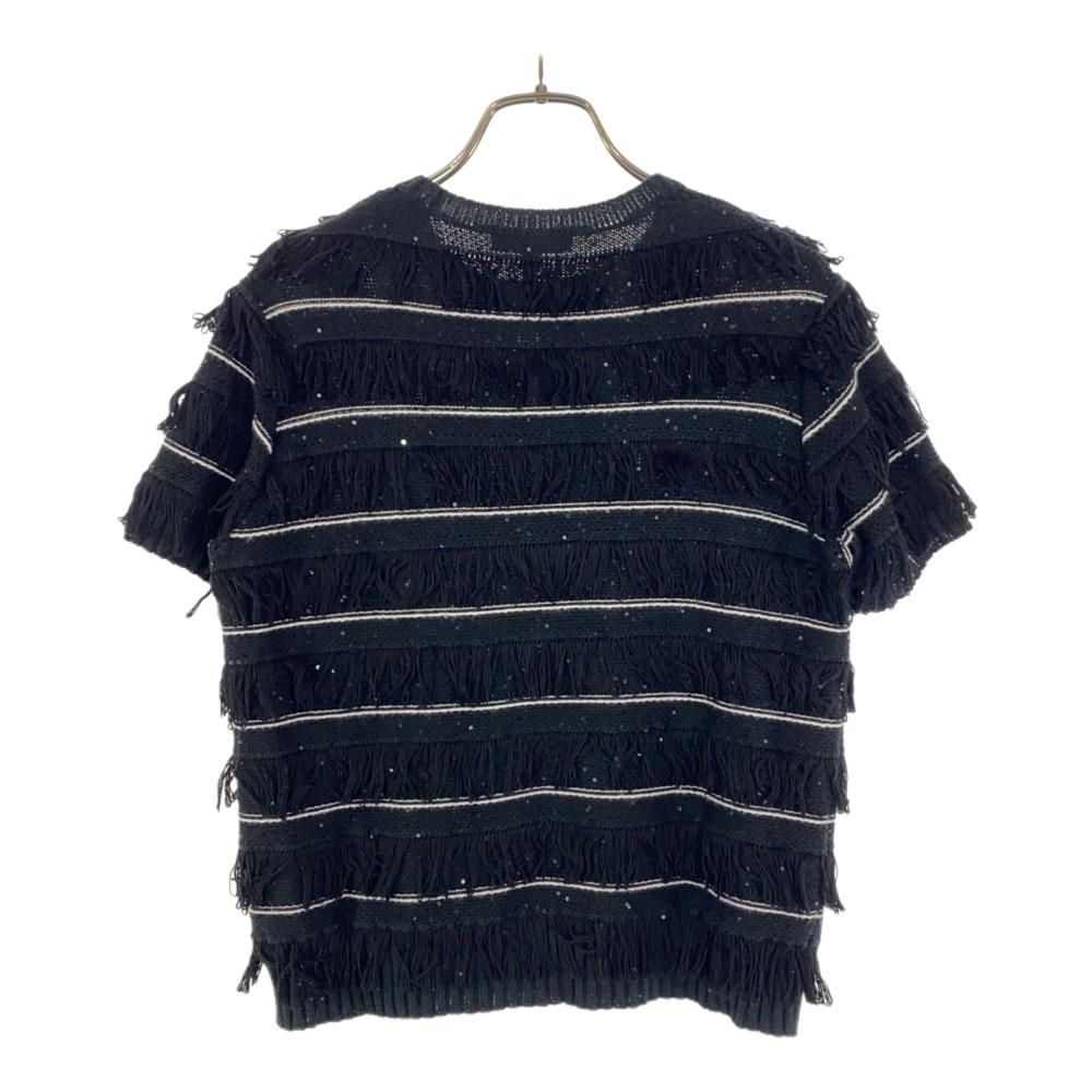 Drawer Border Short Sleeve Fringe Knit 1 Black Cut Women Used