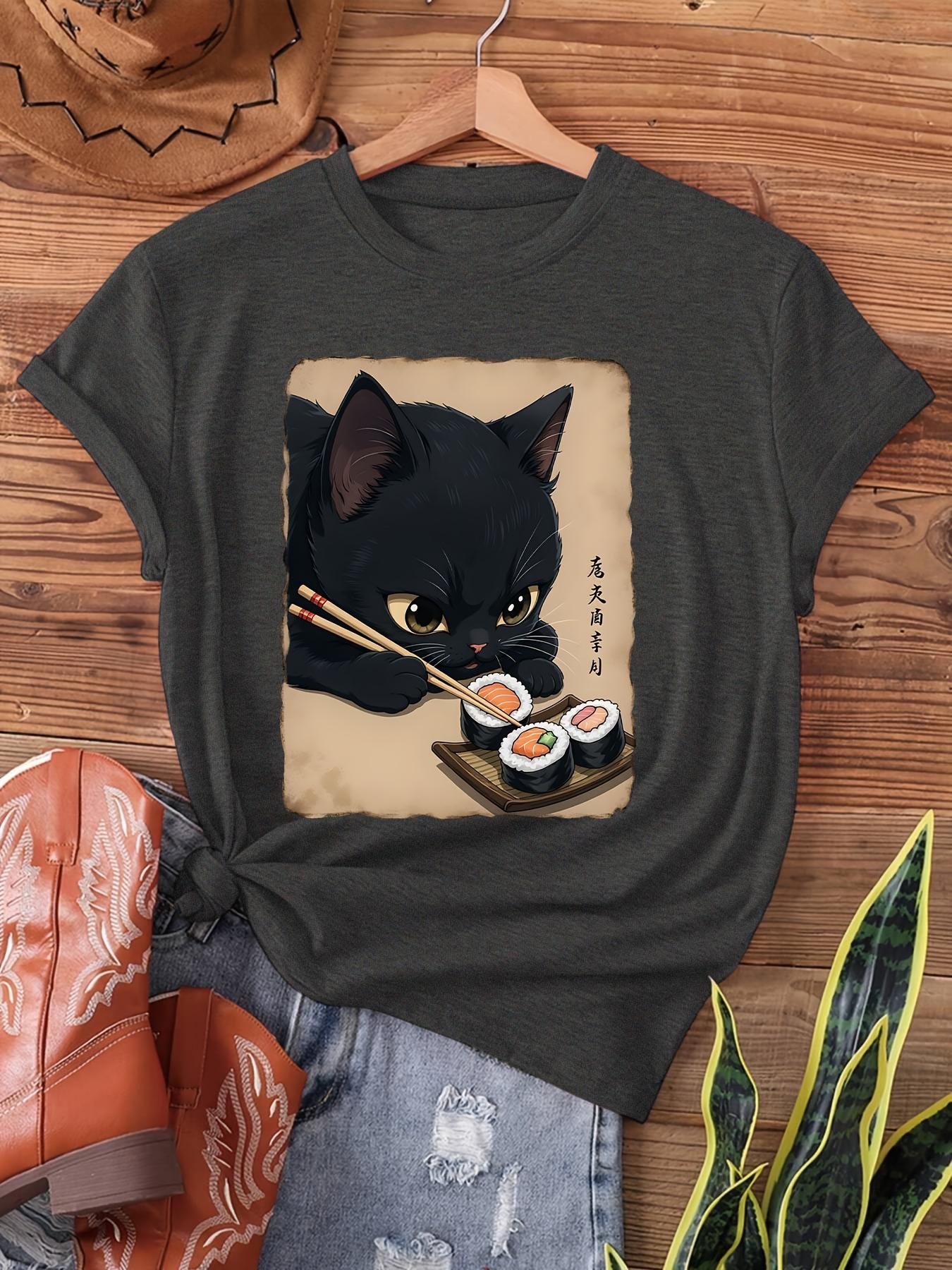 Black Cat Eating Sushi Women s Tee - Japanese Art Graphic, Casual Kawaii Top S