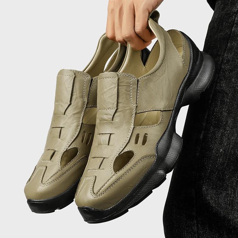 Fashion Men Summer Casual Shoes Genuine Leather Fashion Sandals Breathable Outdoor Sandalias Man Anti-collision Lace-Up Shoes Sneakers