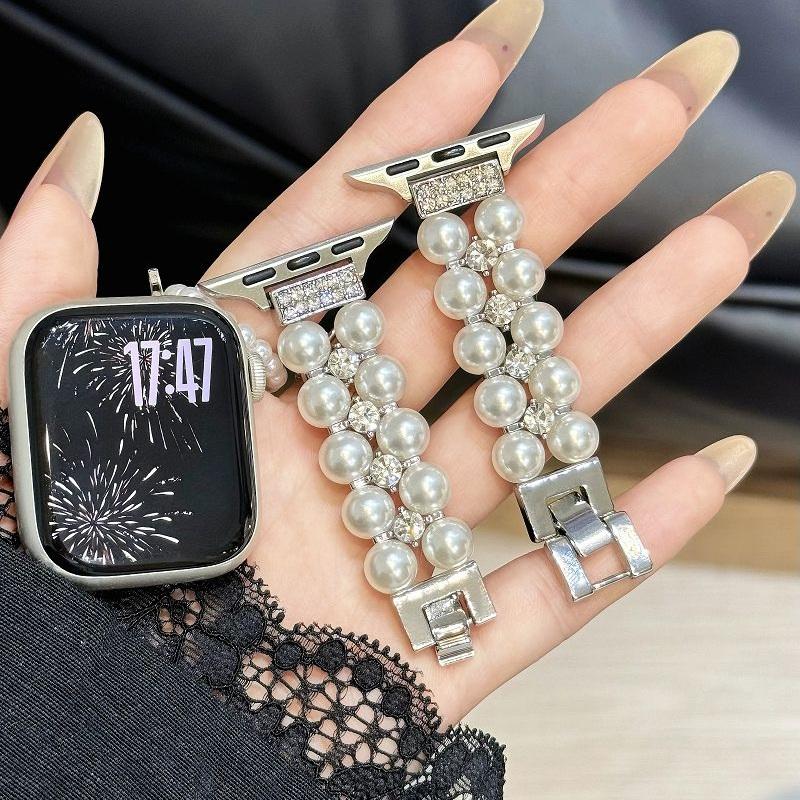 Pearl Beaded Bracelet for Apple Watch Band 49/46/45/44/42/41/40/38mm Women Chic Diamond Metal Wristband Strap for iWatch S10 9 8