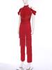 Damen Latein-Tanzparty Jumpsuit S-XXL: Halter Off-Shoulder rückenfreie Strampler mit Strasssteinen, mehrstufigen Quasten für Samba, Rumba, Gesellschaftstanz