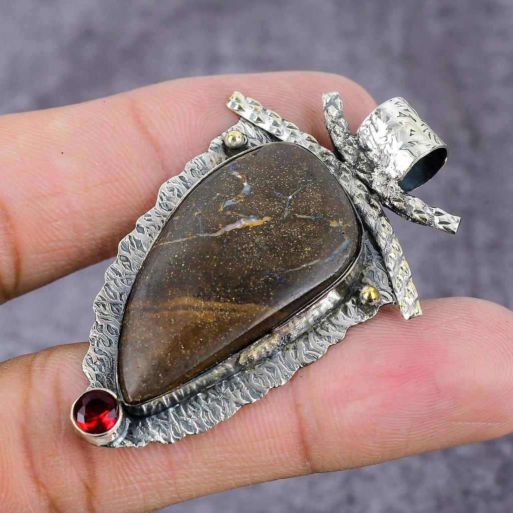 Natural Boulder Opal, Garnet Handmade 925 Sterling Silver Pendant 2.22" P9H85
