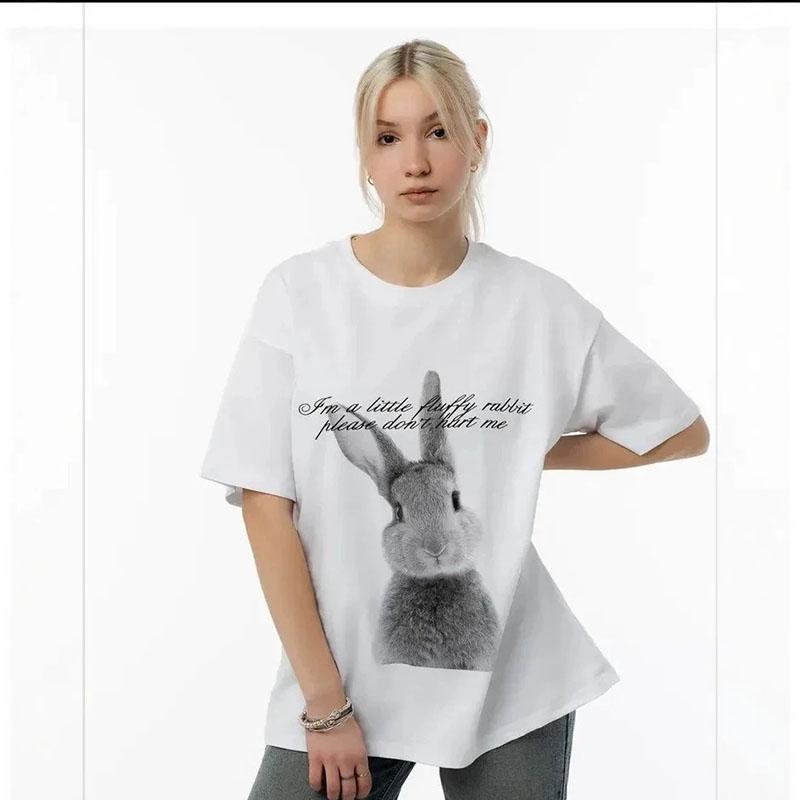 Women'S White Rabbit Graphic Print T Shirt Short Sleeve Tee Loose Fit Casual Top Sweet & Cute Style