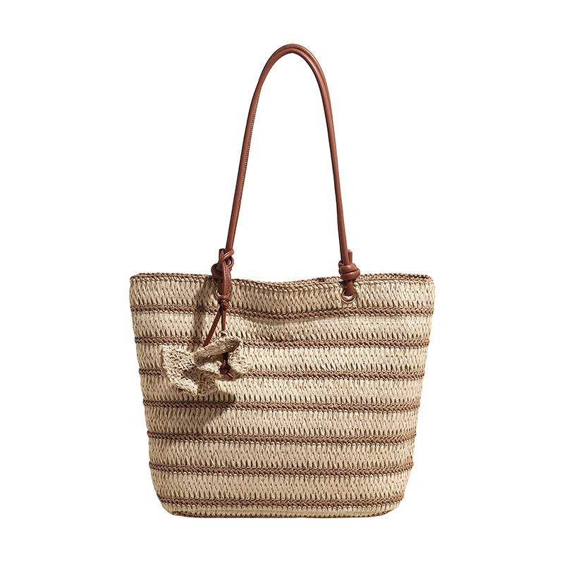 

Women s Striped Woven Tote Bag Summer Beach Shoulder Bag with Leather Handles бежевый