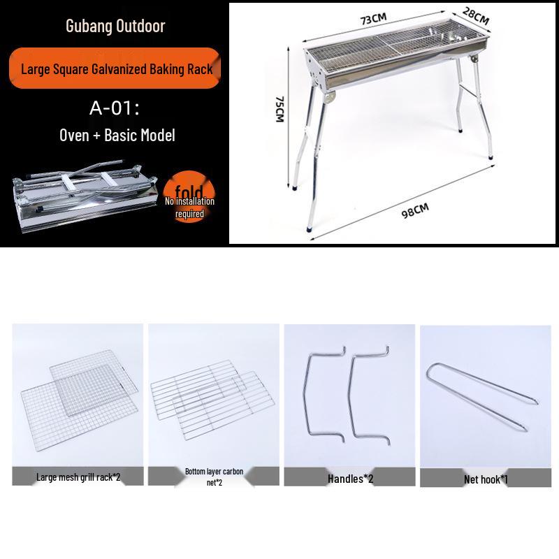 Portable Outdoor BBQ Grill and Charcoal Stove with Folding Rack and Grilling Tools.